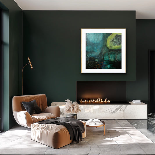 Modern living room with a fireplace, armchair, and a framed abstract print "Behind the Waterfall" from Alison Gilbert Art, on a dark wall.