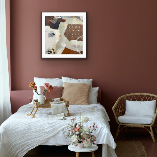 Bedroom with a bed, chair, and neutral abstract giclee Print "Echoes" from Alison Gilbert Art, on a brown wall.