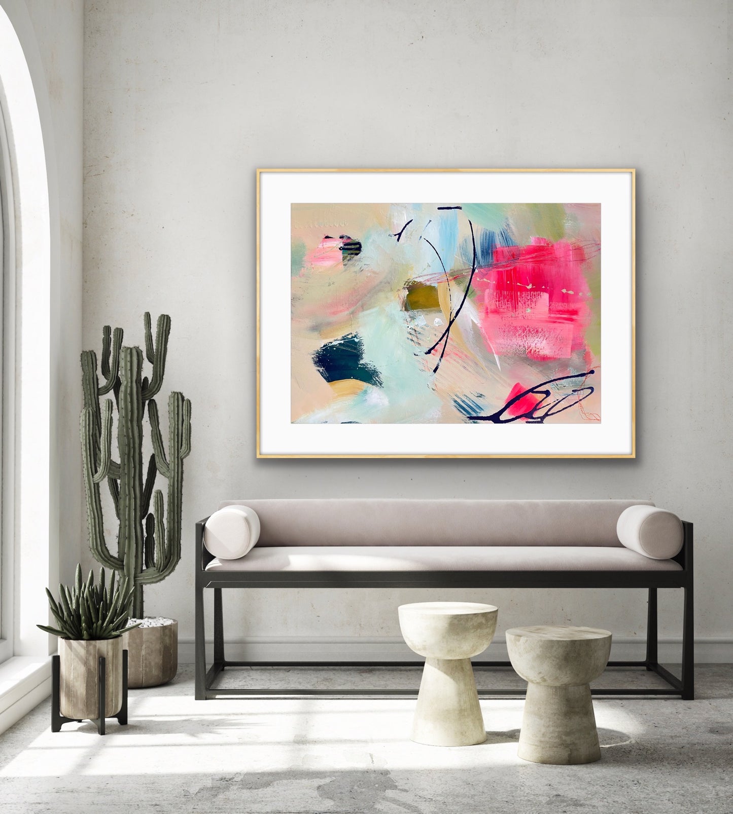 'Unexpected Arrival" Framed Art Print on Paper in a room setting above a modern minimalist sofa