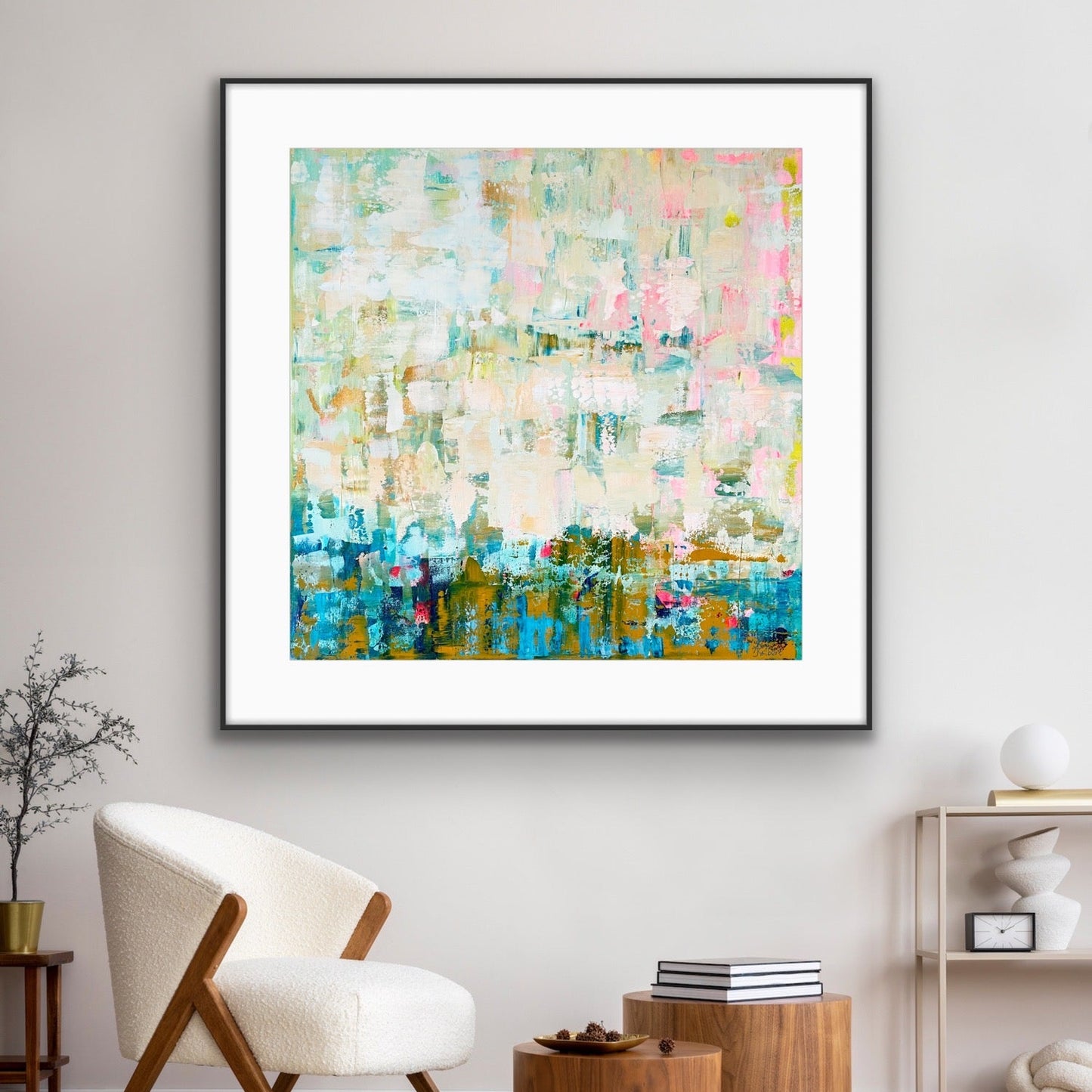 Abstract art print "Where the Light Falls" by Alison Gilbert Artin a black frame, in a modern living room setting
