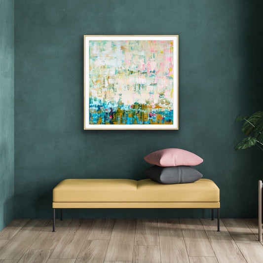 Modern interior with a colorful abstract art print "Where the Light Falls" by Alison Gilbert Art, a yellow bench, and a potted plant.