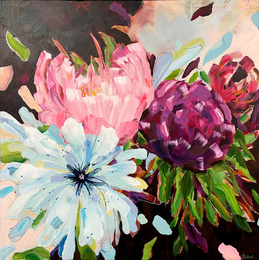 Colorful abstract painting of flowers with pink, purple, and blue hues.