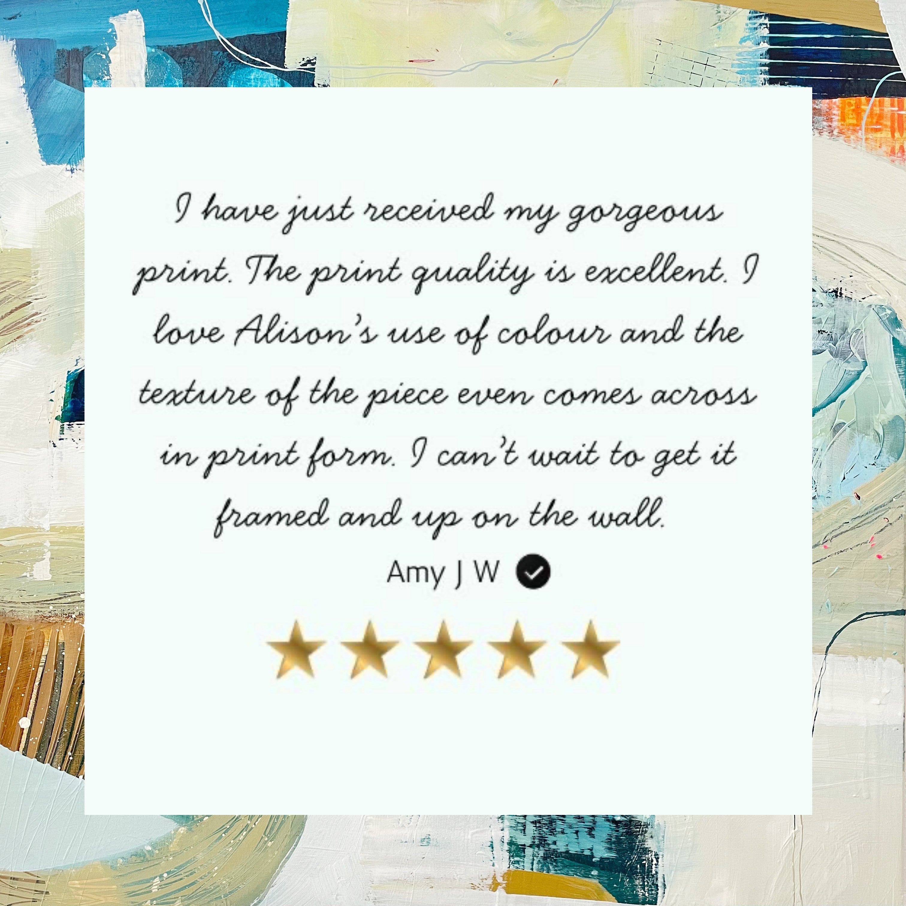 Five-star review for a print with colorful abstract design in the background