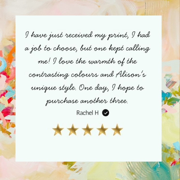 Five-star review on a colorful background with text praising the print and its design.