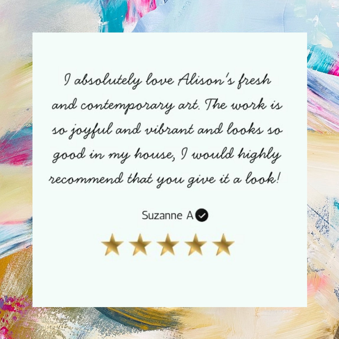 Five-star review for Alison's art on a colorful abstract background