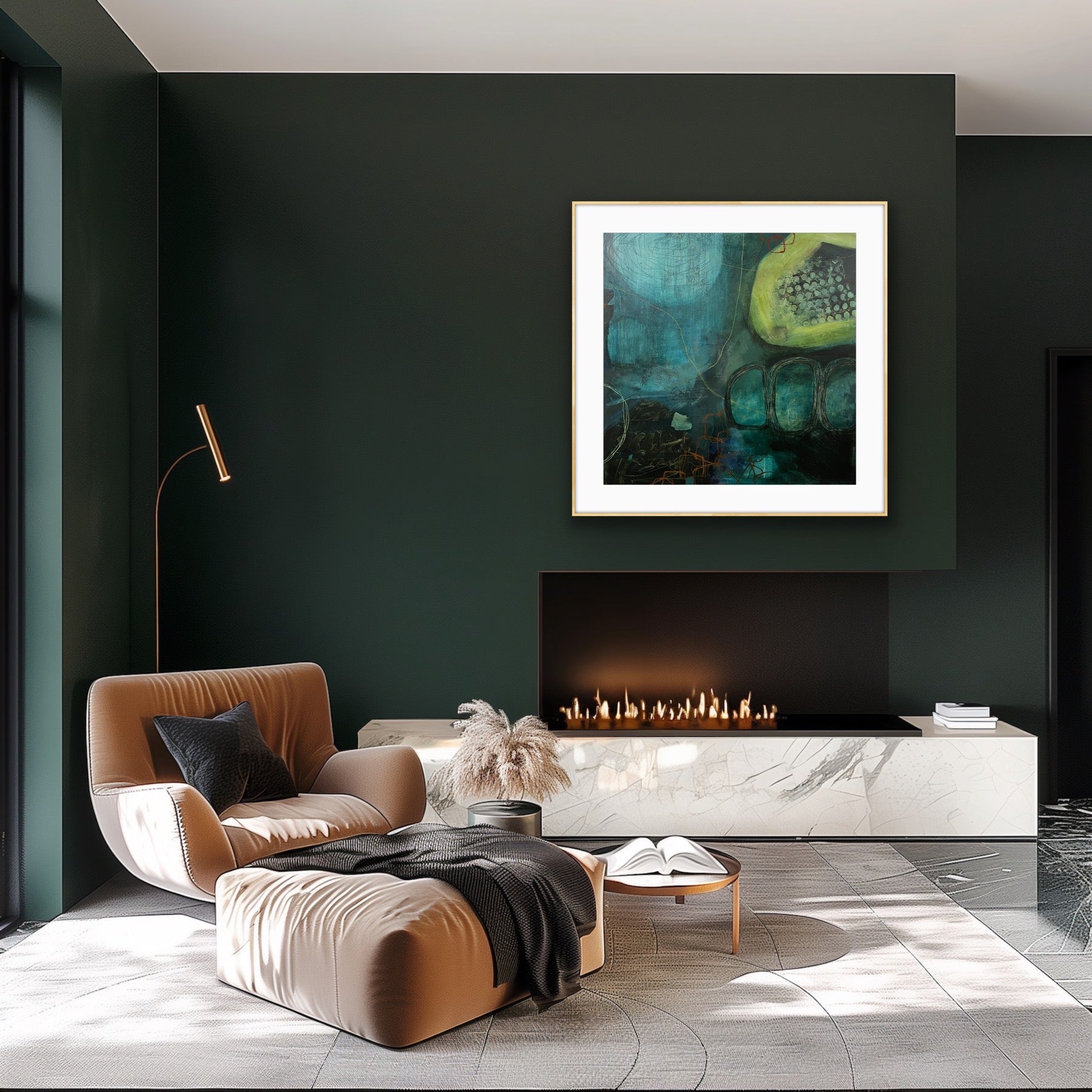 Modern living room with a fireplace, armchair, and a framed abstract print "Behind the Waterfall" from Alison Gilbert Art, on a dark wall.