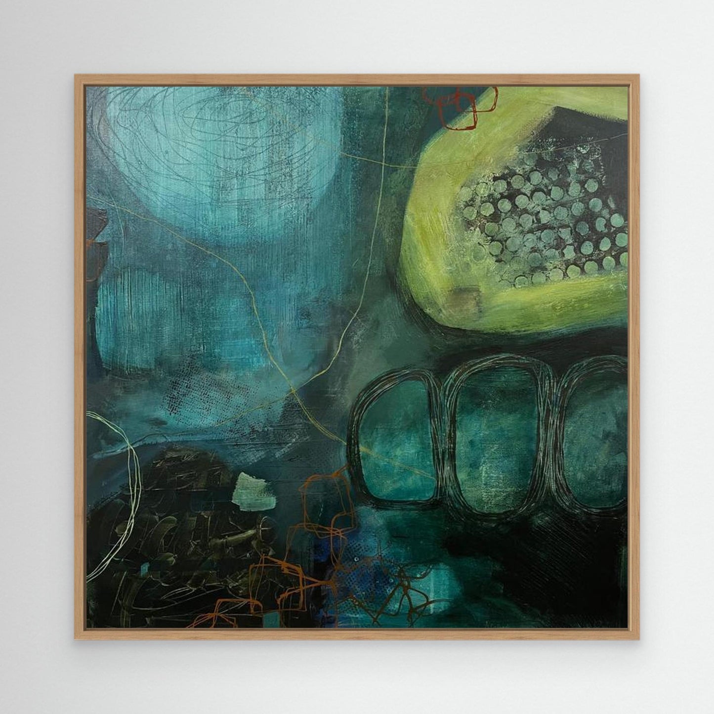 Behind the Waterfall framed canvas print on a white wall