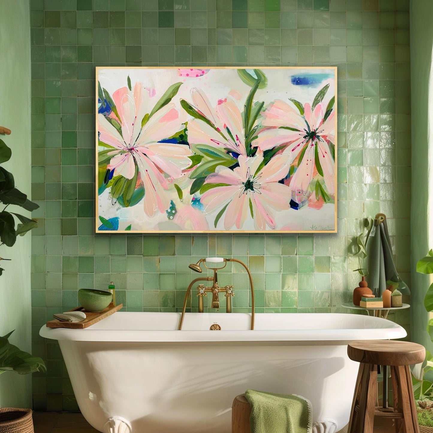 Bathroom with green tiled walls, a floral Canvas Art Print 'Bellini Blooms' above a white bathtub, and decorative elements.
