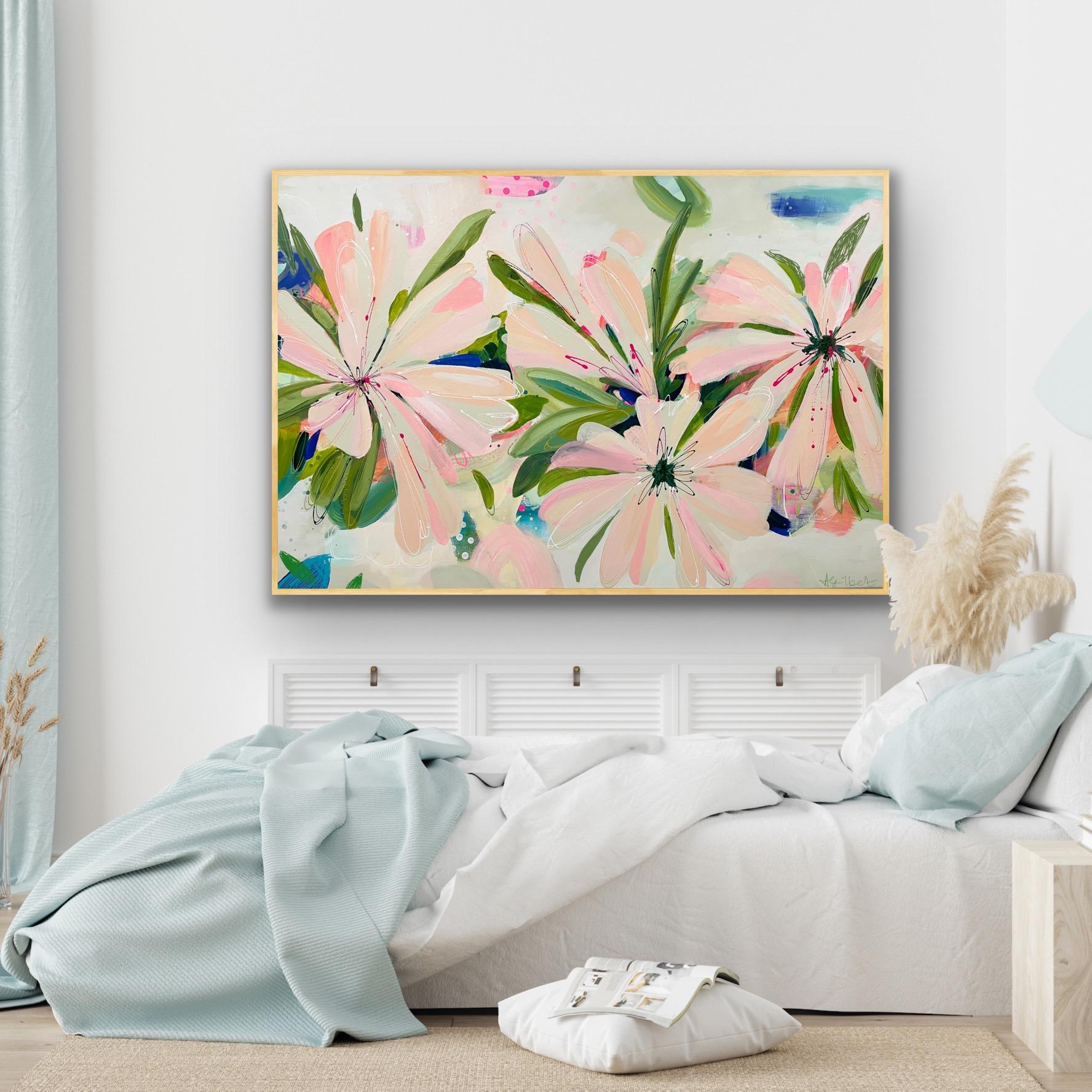 Floral Canvas Art Print 'Bellini Blooms'  above a bed in a bedroom