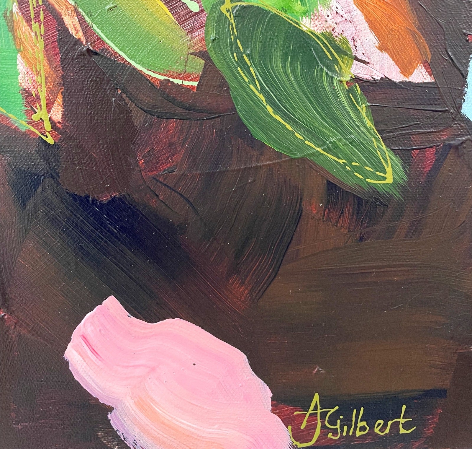 Close up of signature on 'Blowsy Blooms' original painting