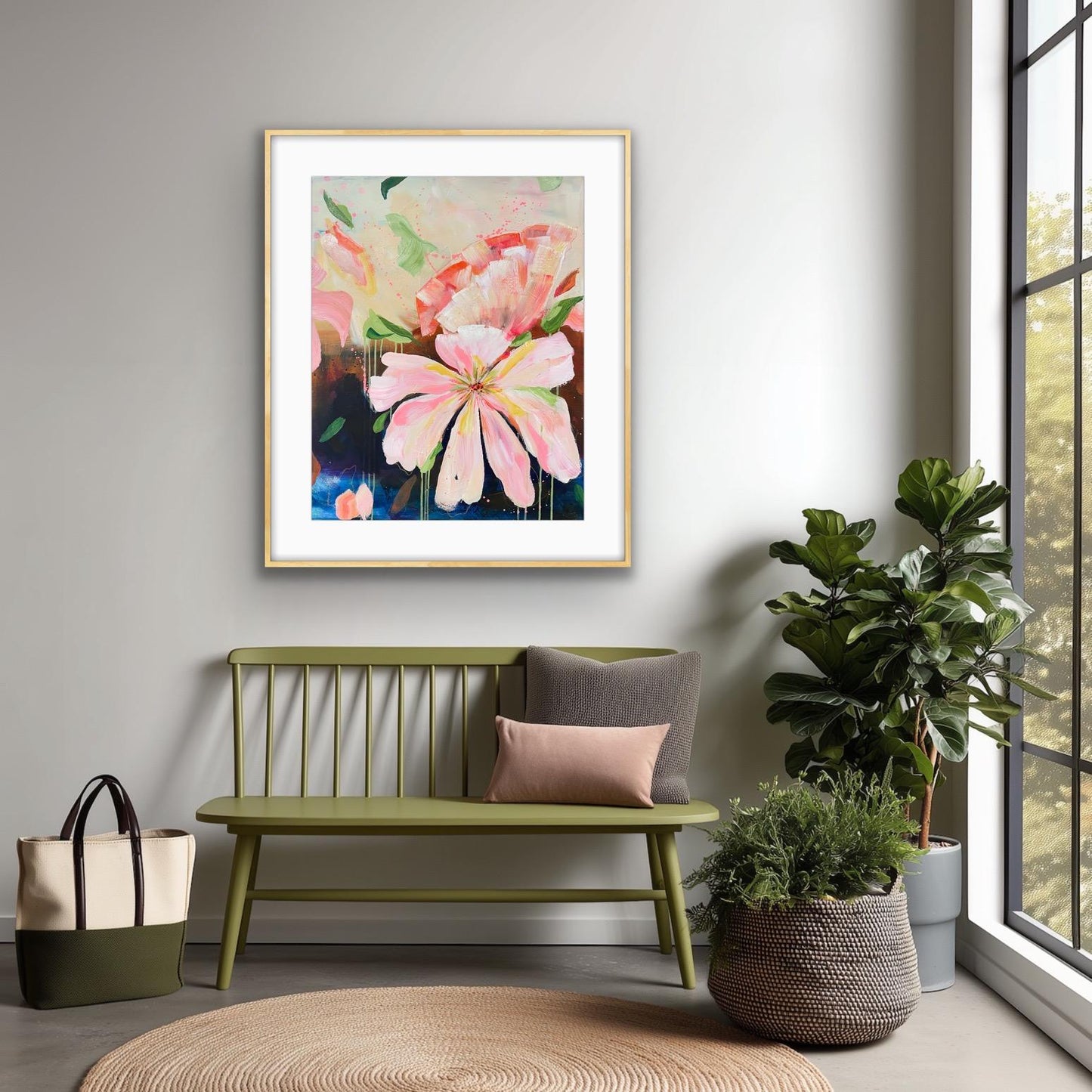 Floral artwork 'Botanical Dream'on a wall above a green bench with decorative items.Framed Art Print