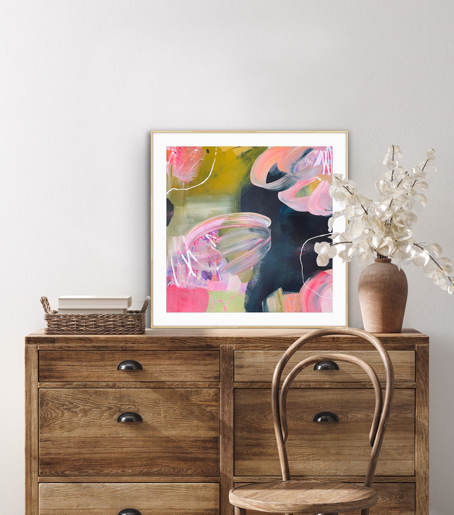 Wooden dresser with abstract art Bubblegum Giclee Print  on a white wall