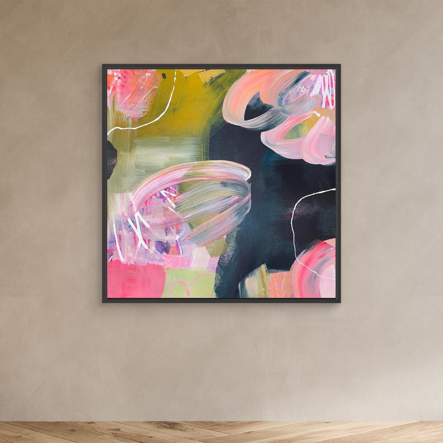 Abstract Alison Gilbert canvas print 'Bubblegum' on a beige wall.