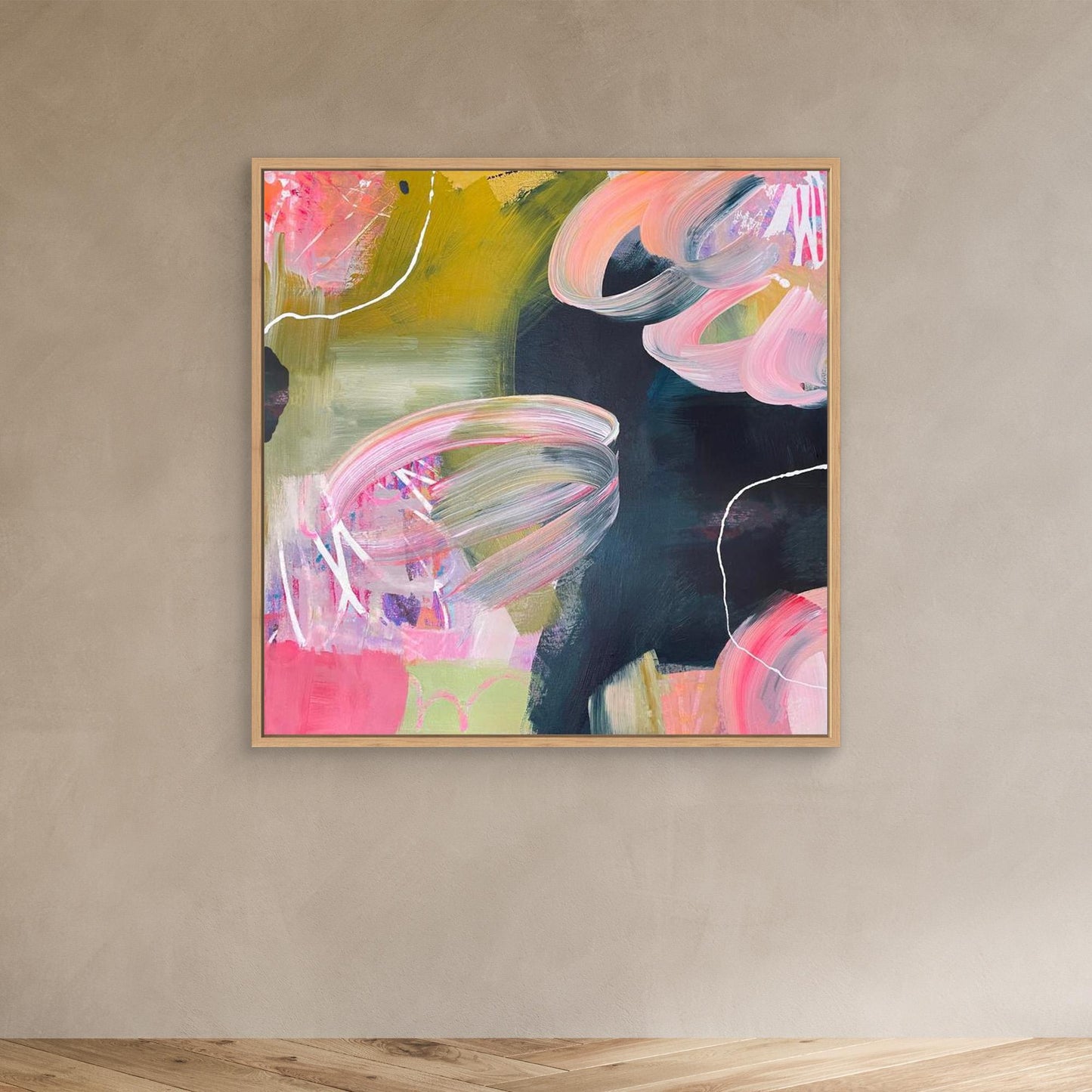 Framed 'Bubblegum' Canvas Art Print on beige wall