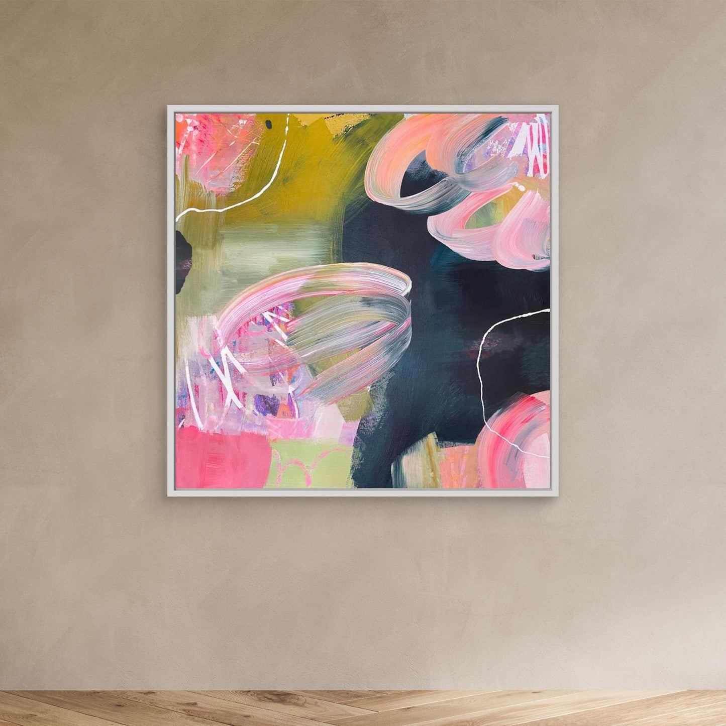 Abstract Alison Gilbert canvas print 'Bubblegum' on a beige wall.