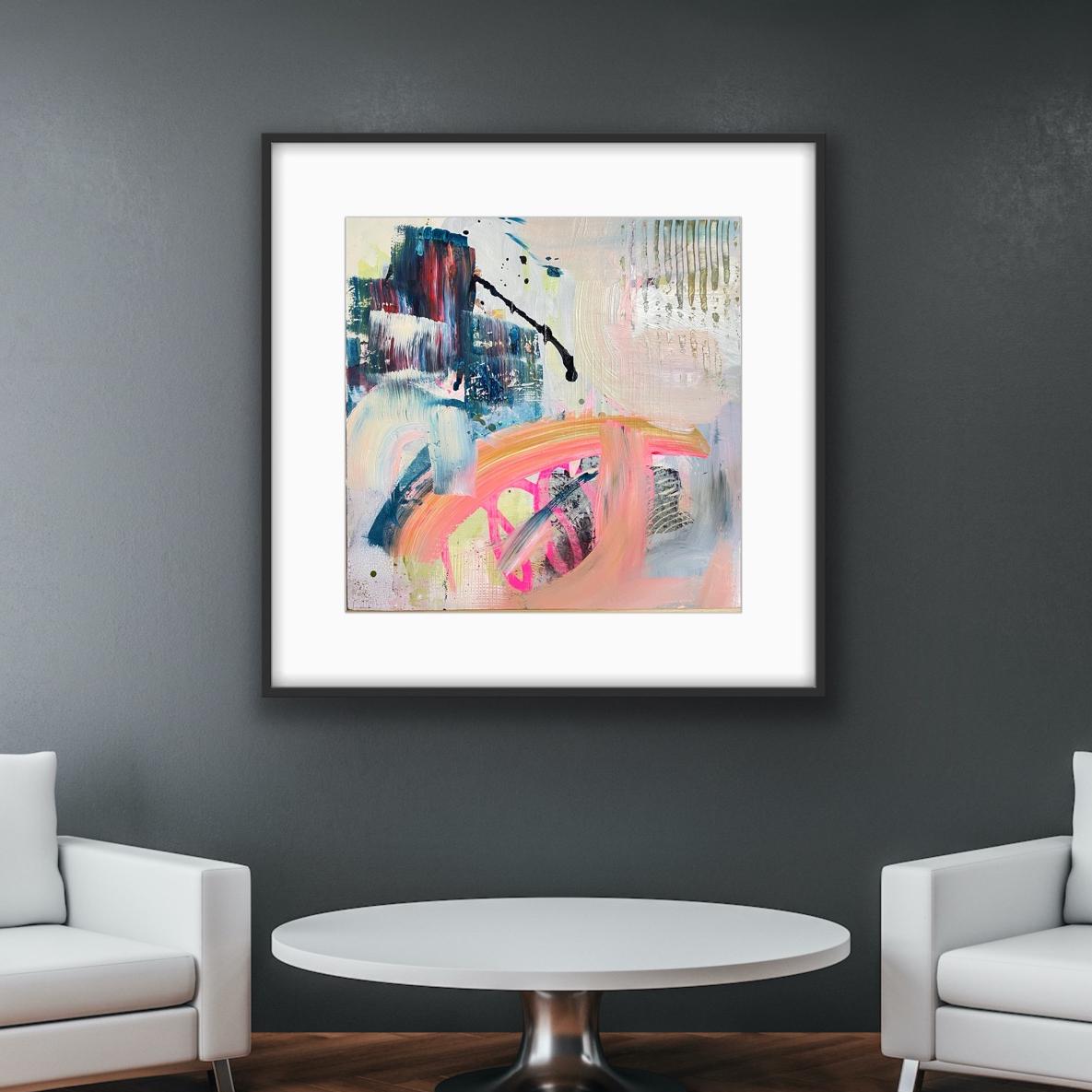 Abstract Giclée Print "Chaos" by Alison Gilbert Art, in a black frame on a dark gray wall above a round white table with two white chairs.