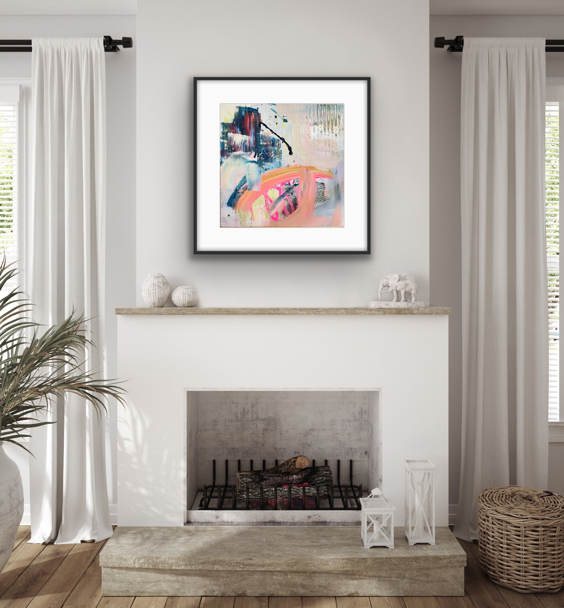 Living room with a fireplace, abstract art giclée print "Chaos" above it, and various decorative items.
