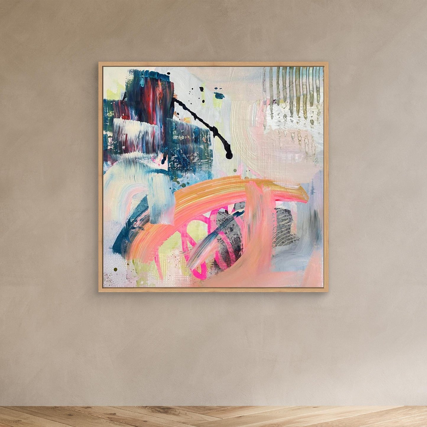Abstract Alison Gilbert canvas print 'Chaos' in a gold frame on a beige wall
