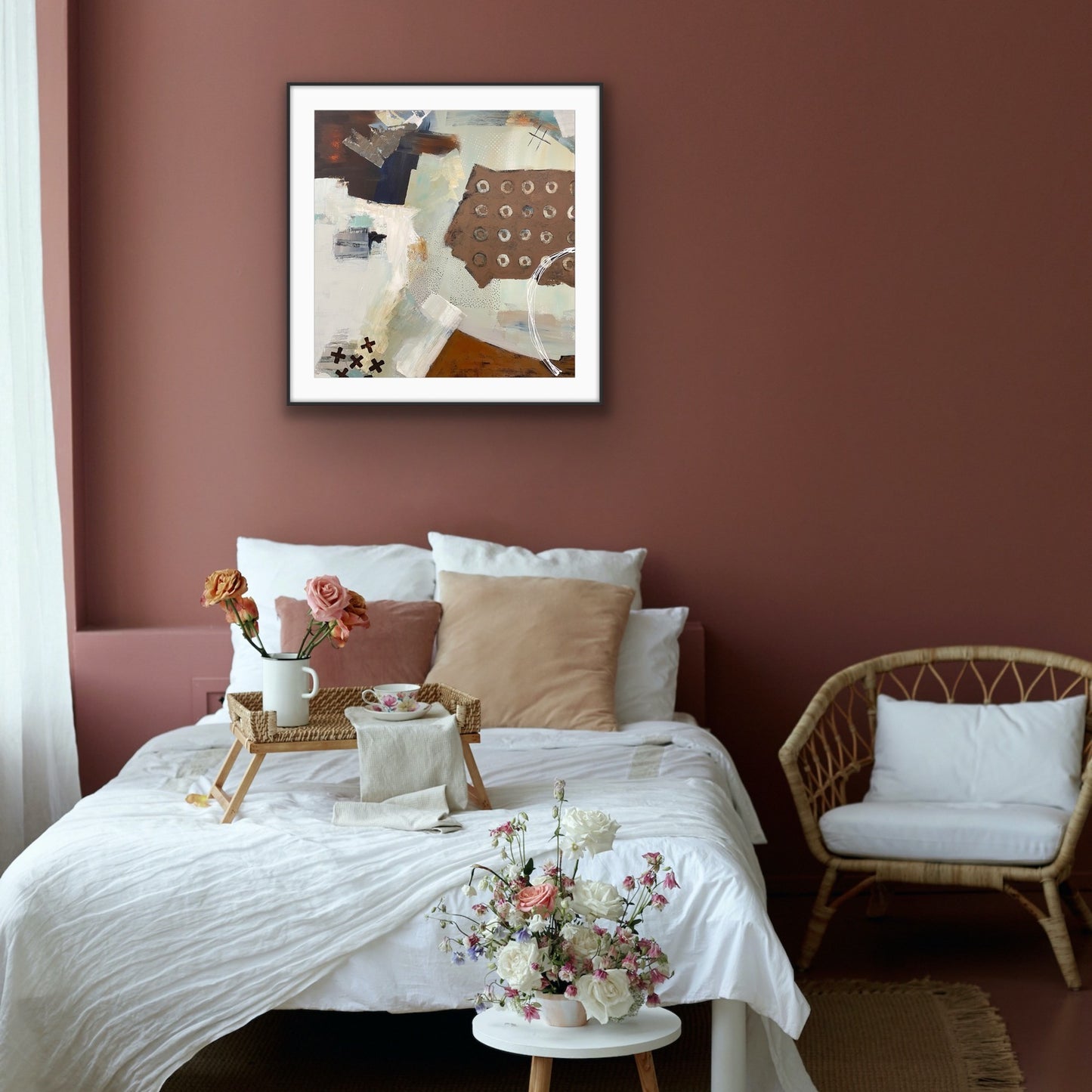 Bedroom with a bed, chair, and neutral abstract giclee Print "Echoes" from Alison Gilbert Art, on a brown wall.