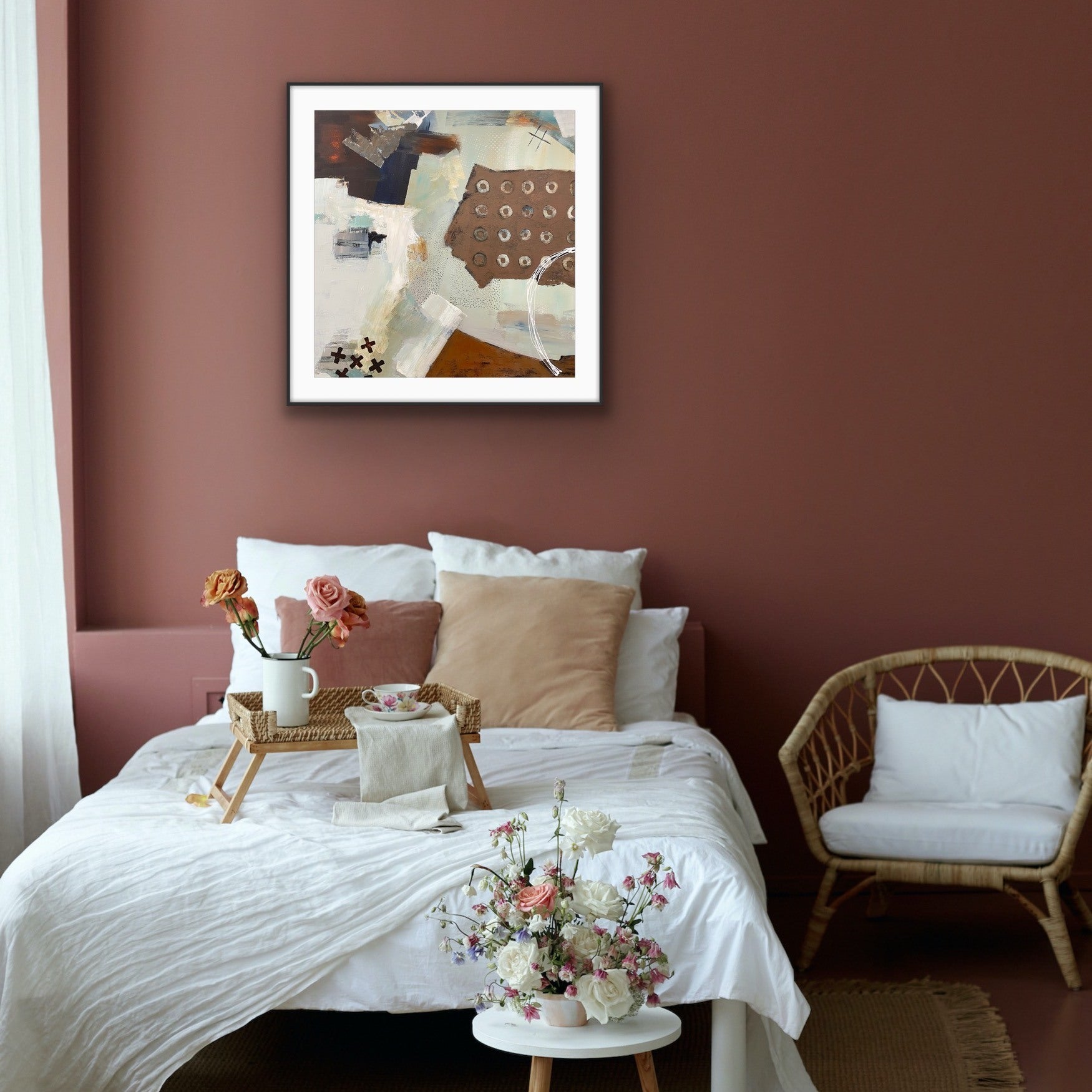 Bedroom with a bed, chair, and neutral abstract giclee Print "Echoes" from Alison Gilbert Art, on a brown wall.