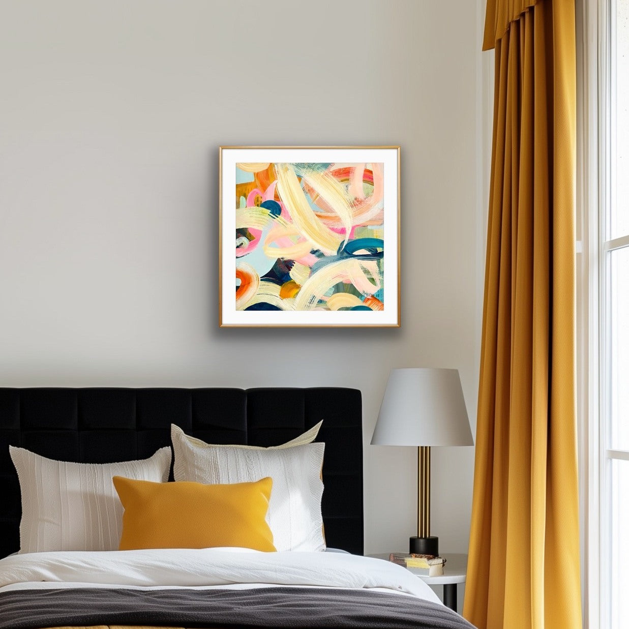Modern bedroom with abstract art print by Alison Gilbert Art, bed, and lamp.