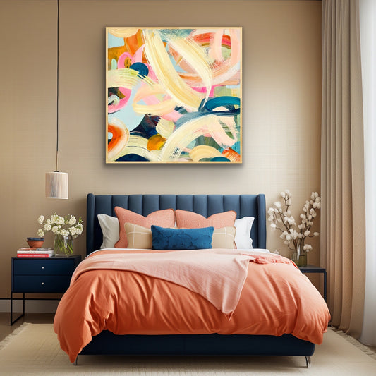Modern bedroom with a blue bed, pink bedding, and abstract Alison Gilbert canvas print 'Freewheeling' on the wall.