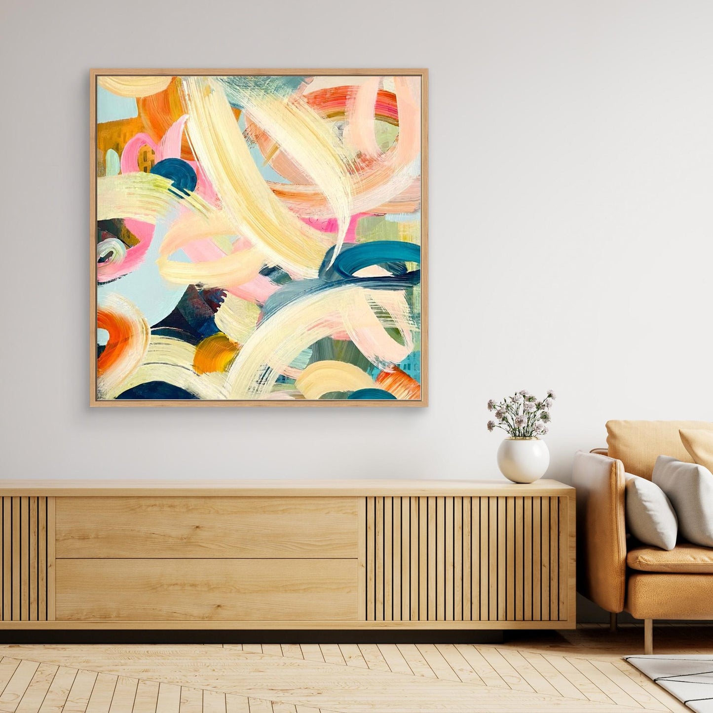 Abstract Alison Gilbert canvas print 'Freewheeling' in a modern living room setting