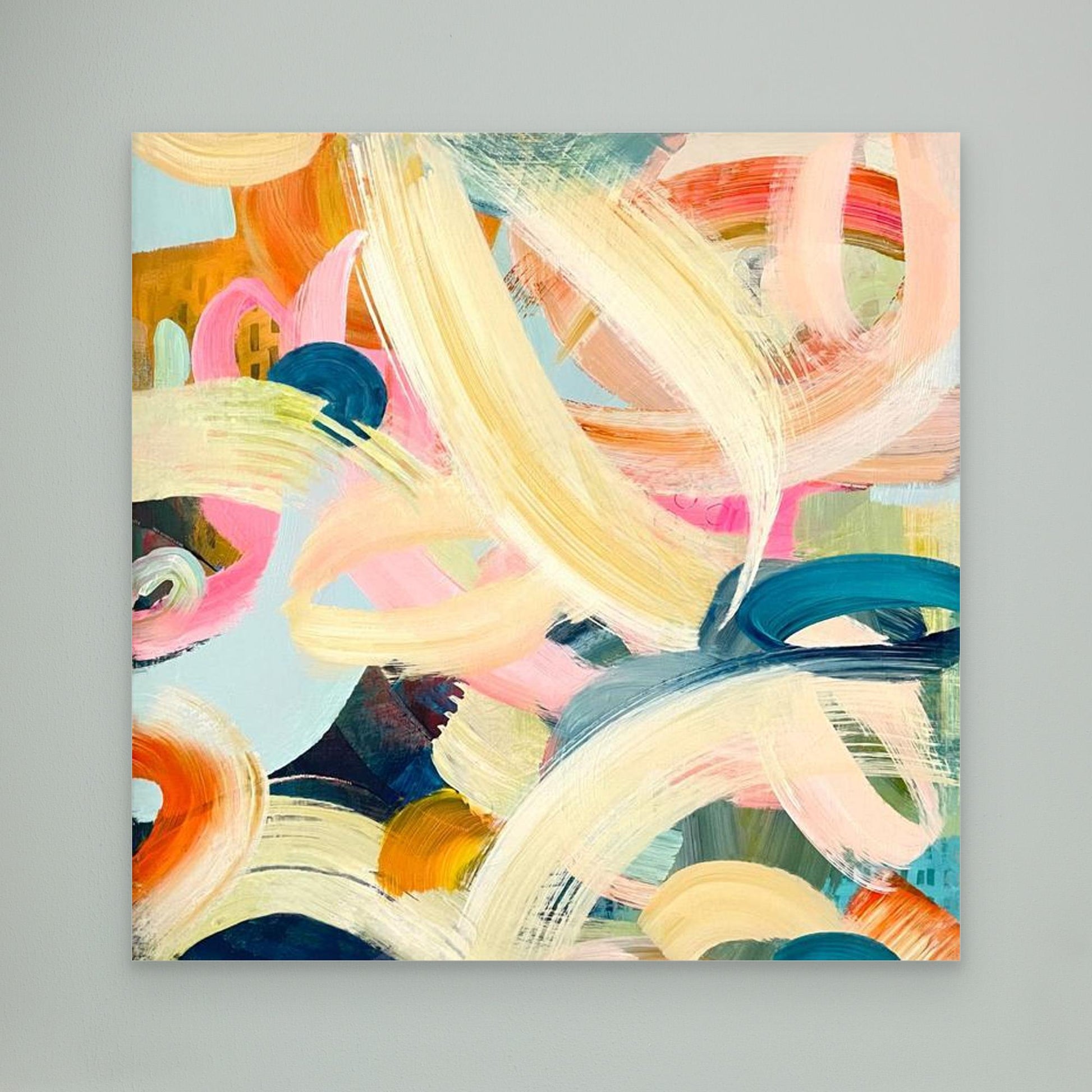 Abstract Alison Gilbert canvas print 'Freewheeling' with colorful brush strokes on a gray background