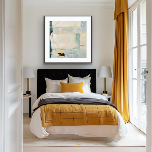 Modern bedroom with yellow bedding, black headboard, and abstract framed art print on paper 'Harbour' on the wall.