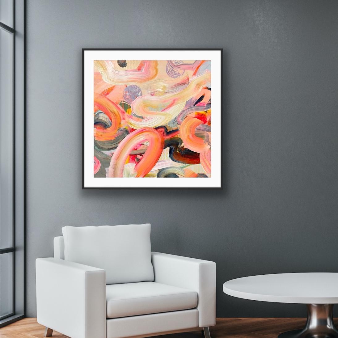 'Wurlitzer' Framed Art Print on Paper Abstract art print on a gray wall above a white armchair.