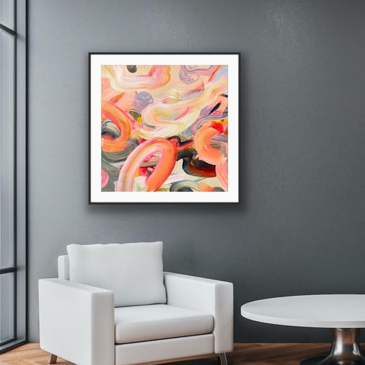 'Wurlitzer' Framed Art Print on Paper Abstract art print on a gray wall above a white armchair.