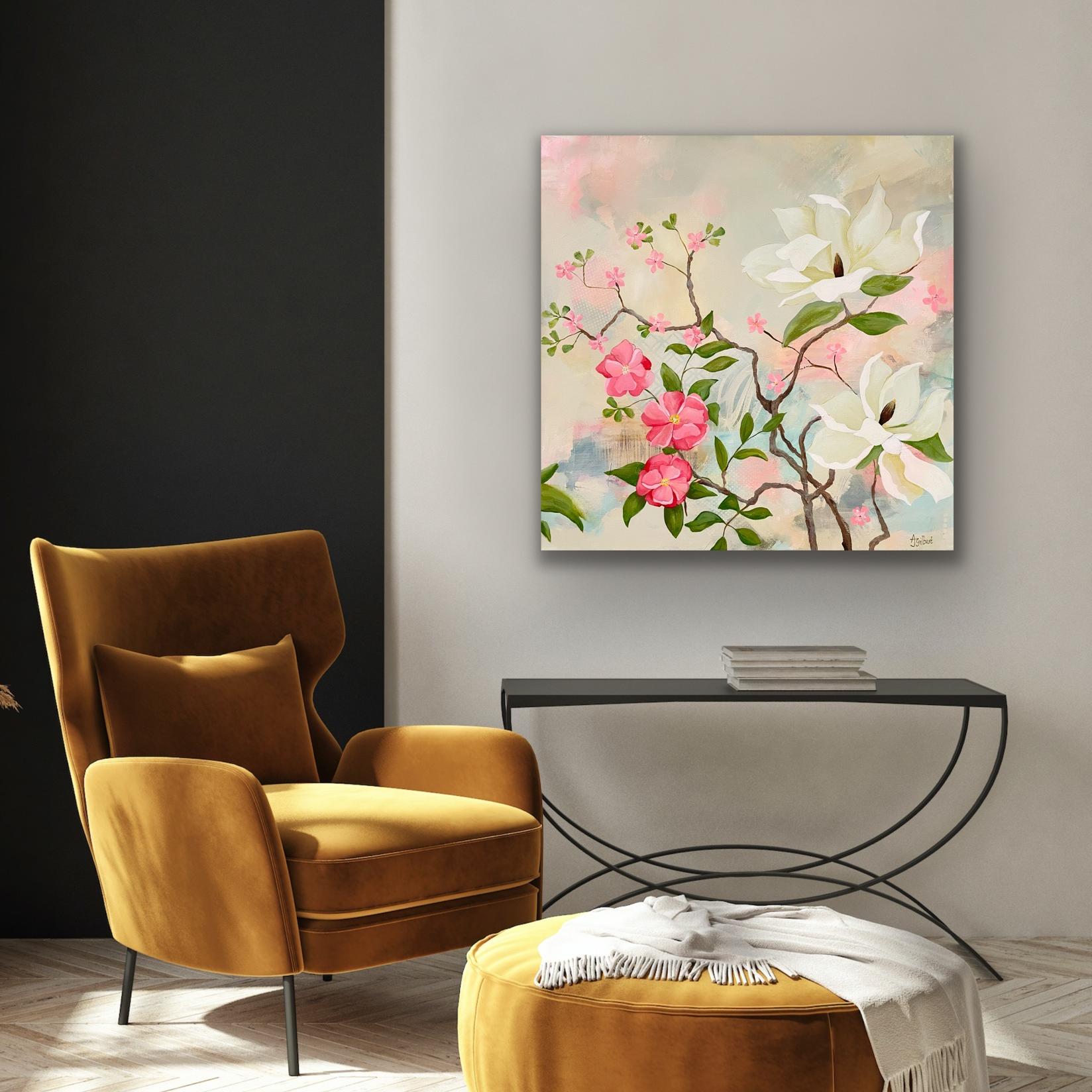 Modern interior with a mustard yellow armchair, 
May Magnolias Canvas Art Print on the wall and console table.