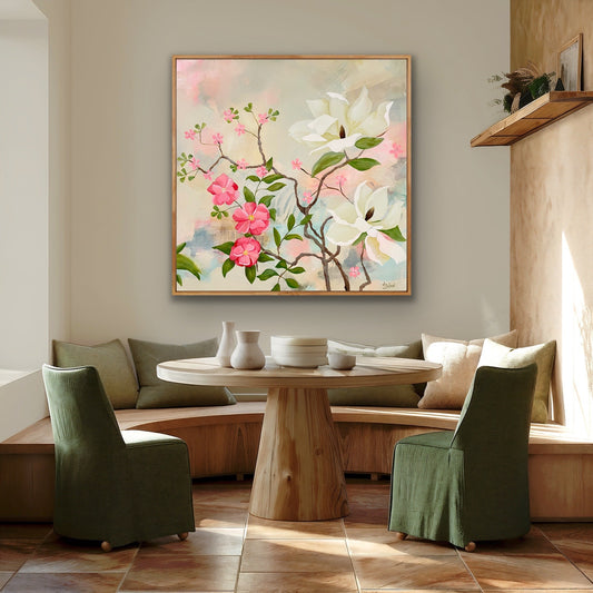 Modern interior with a round wooden table, green chairs, and May Magnolias Canvas Art Ppint on the wall.