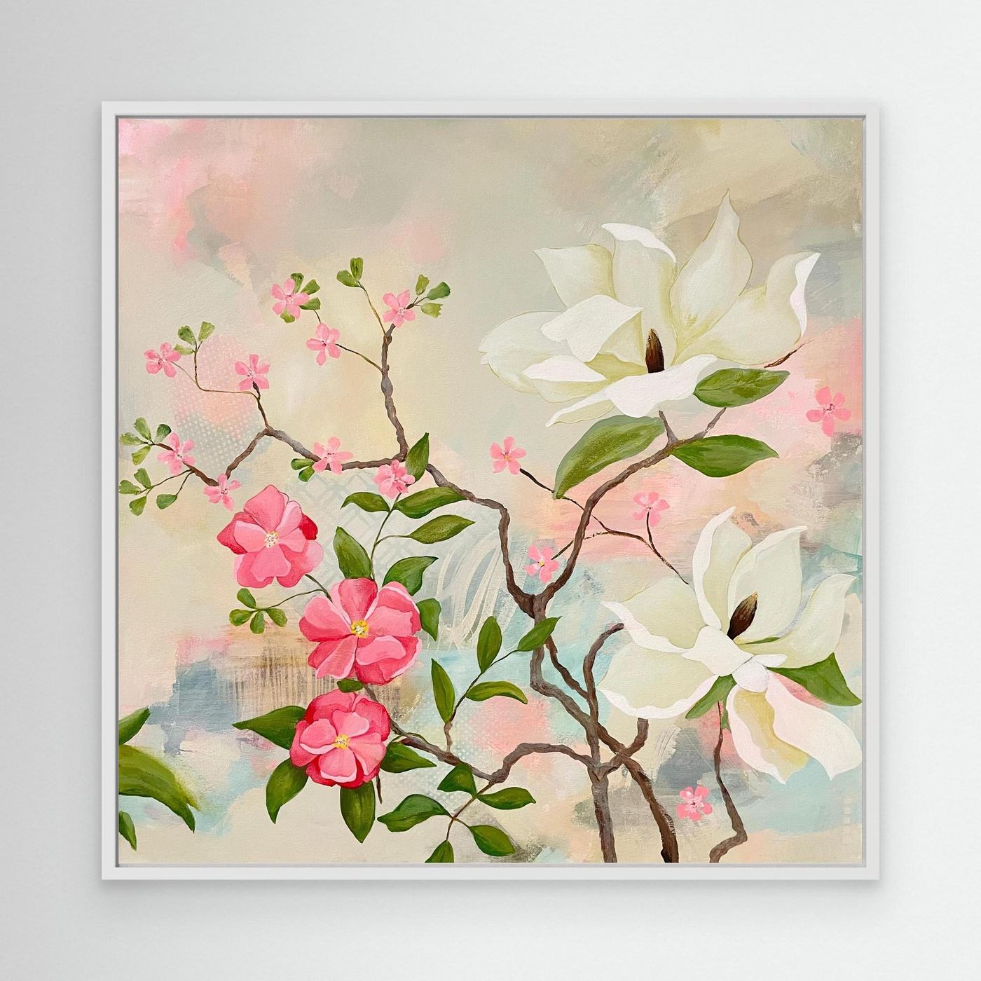 Maytime Magnolias Canvas Art Printin a white frame on white wall