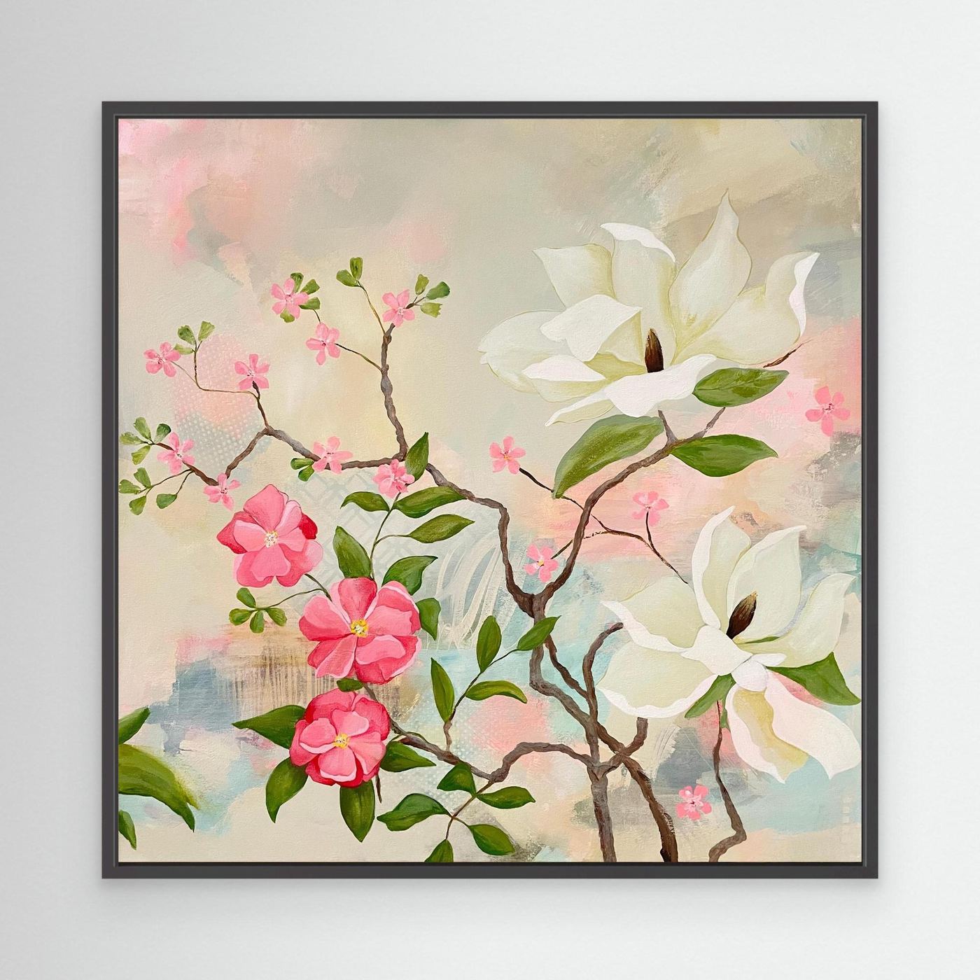 Maytime Magnolias Canvas Art Print in a black frame on a white wall