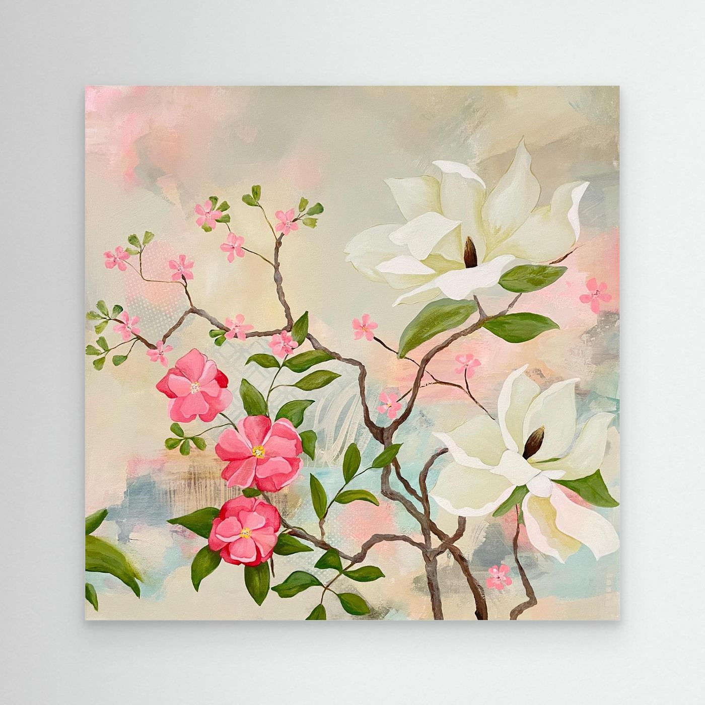Maytime Magnolias Canvas Art Print on a white wall