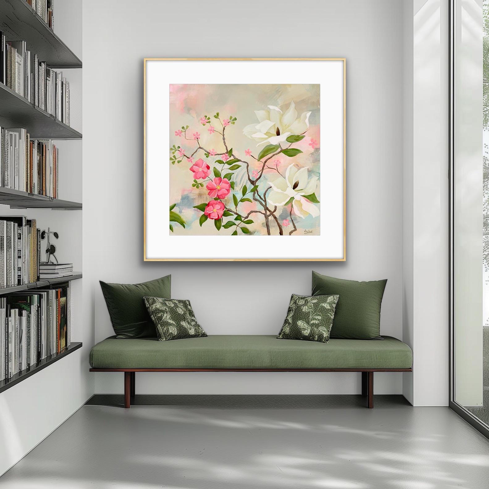 Decorative floral print 'Maytime Magnoias' above a green bench with cushions in a room with bookshelves.