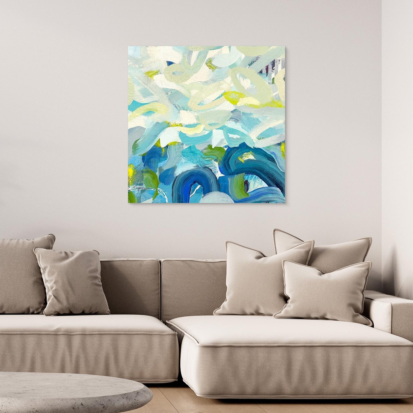 Outward Expression blue abstract framed canvas print in living room