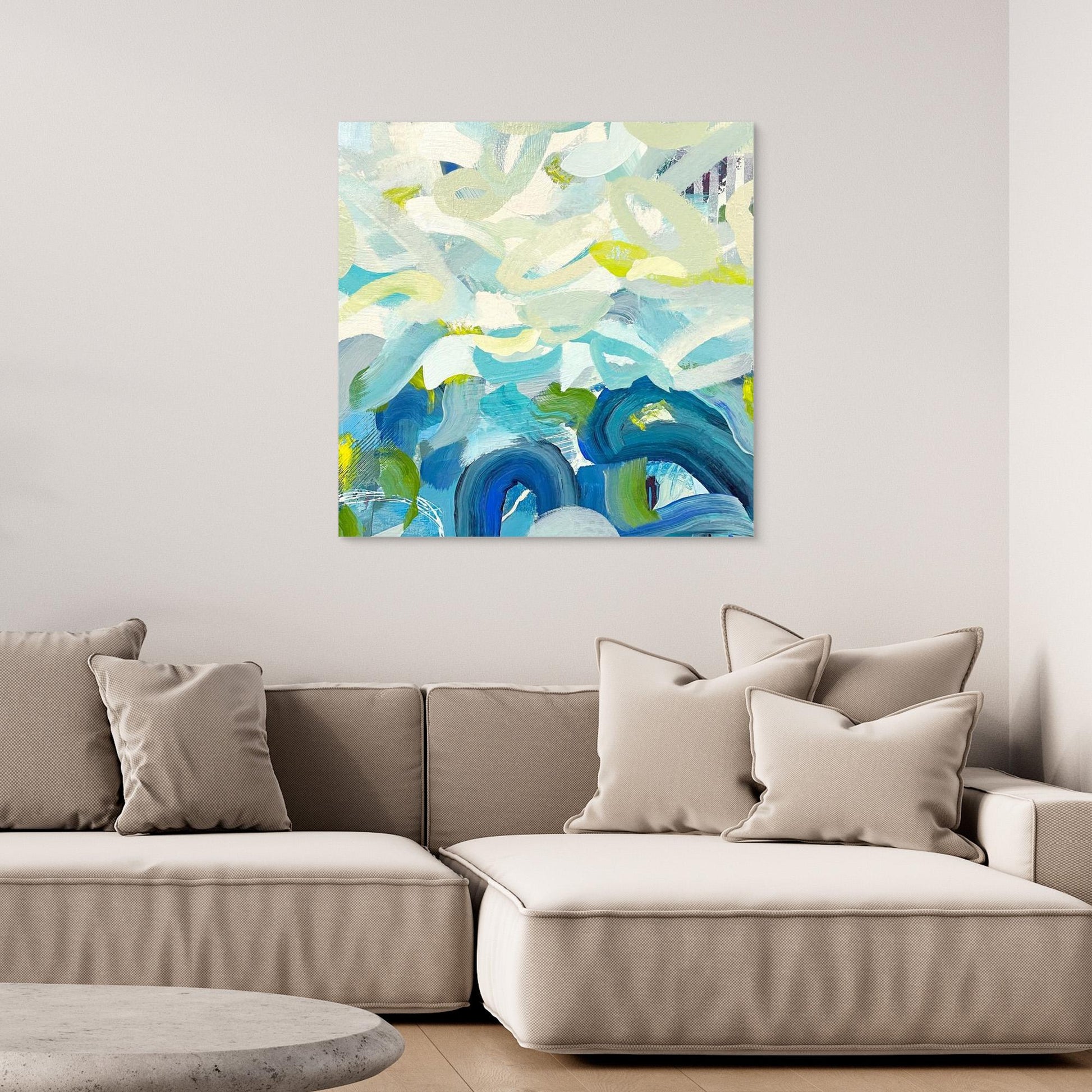 Outward Expression blue abstract framed canvas print in living room