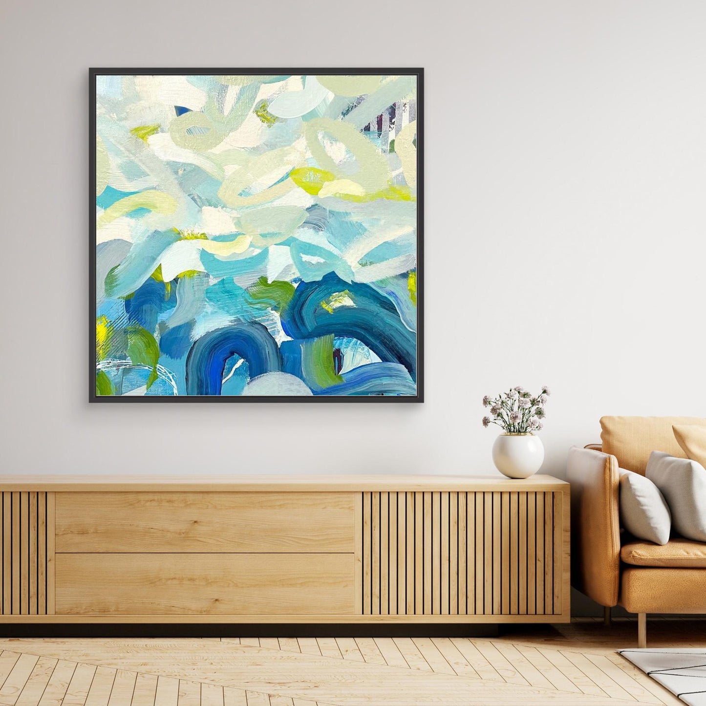 Outward Expression blue abstract framed canvas print in living room