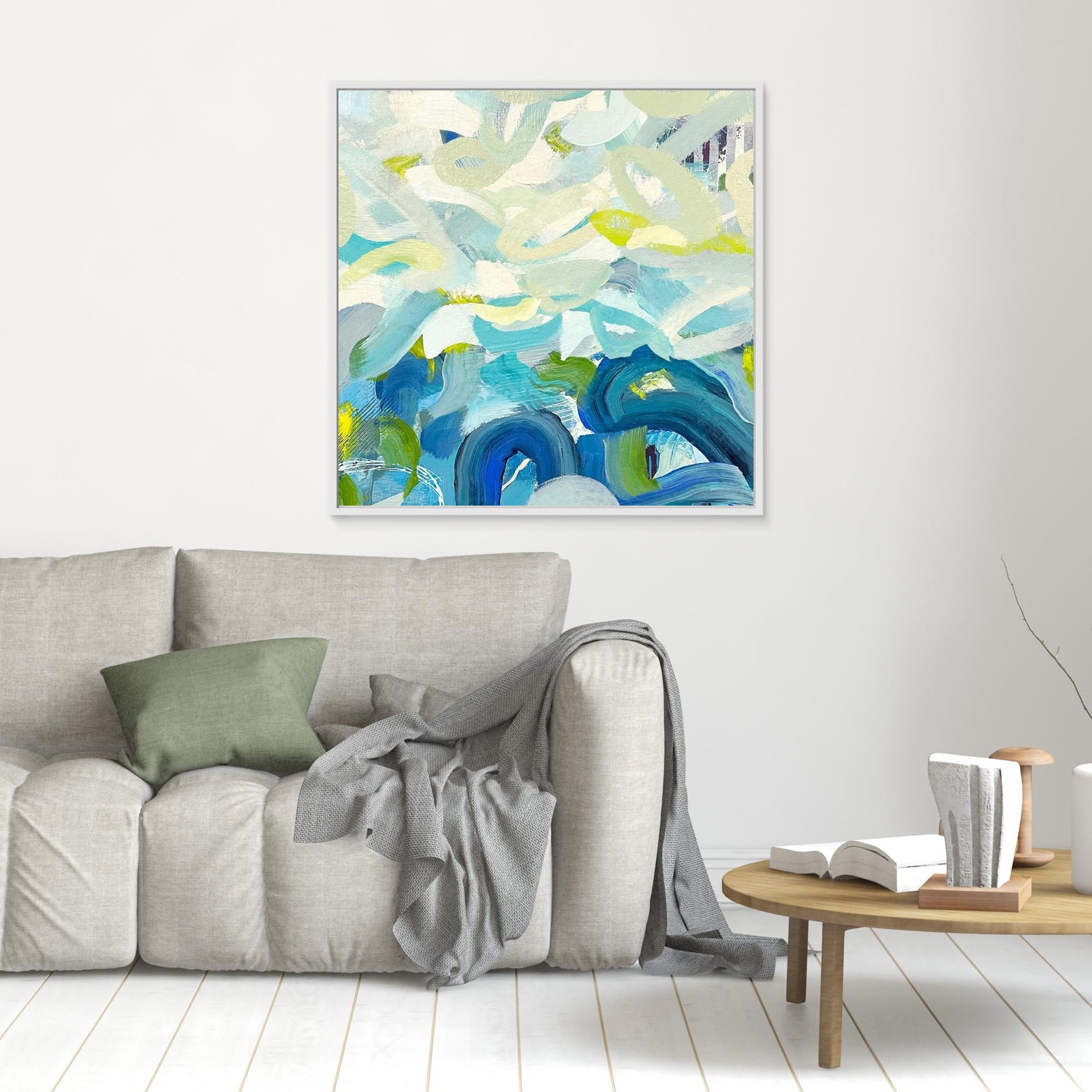 Outward Expression blue abstract framed canvas print in living room
