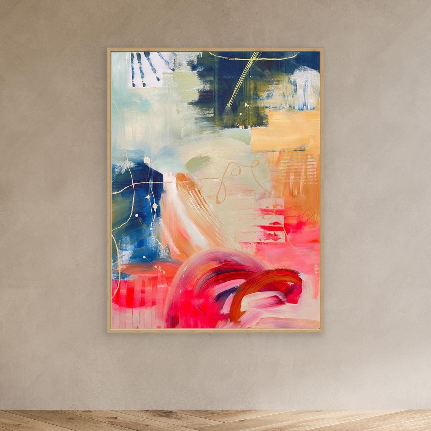 'Red Moon Rising'  abstract framed canvas print on beige wall