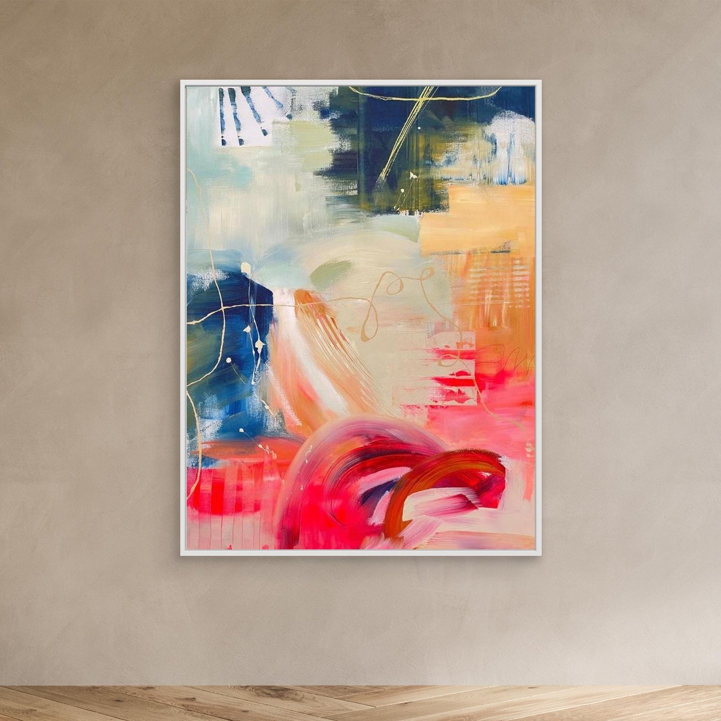'Red Moon Rising'  abstract framed canvas print on beige wall