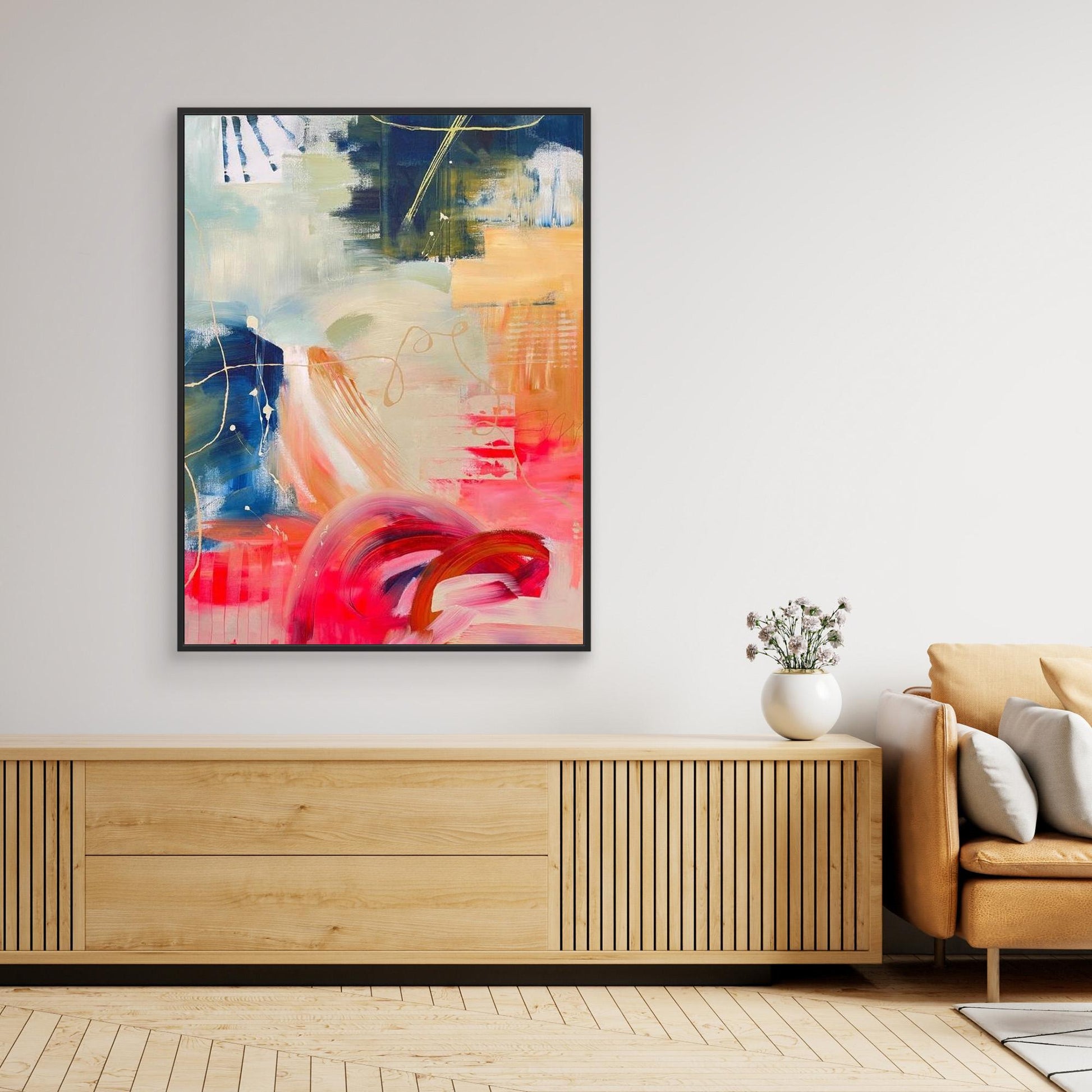 'Red Moon Rising'  abstract framed canvas print in living room