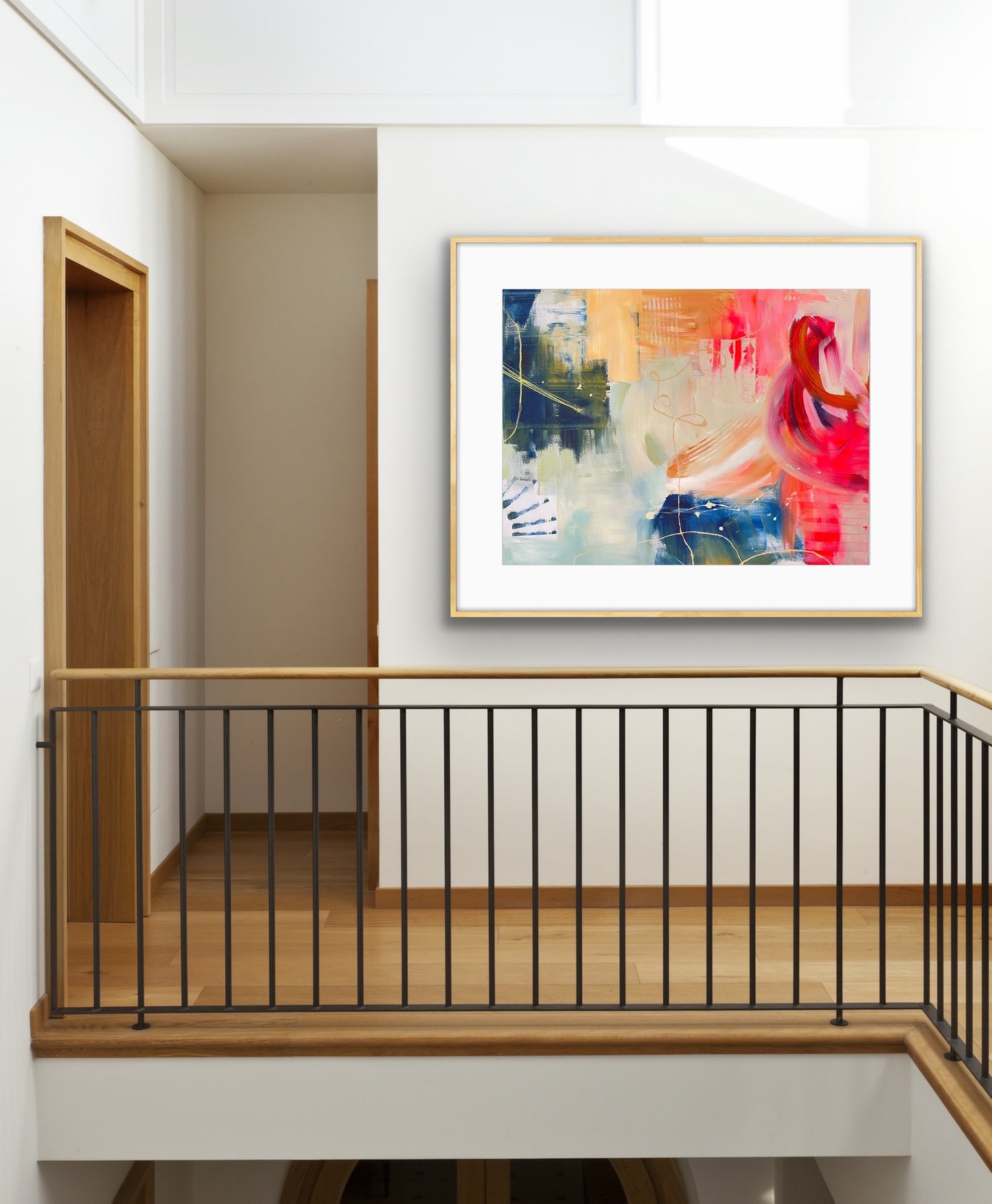 Staircase with a modern abstract Framed Art Print on Paper on the wall
