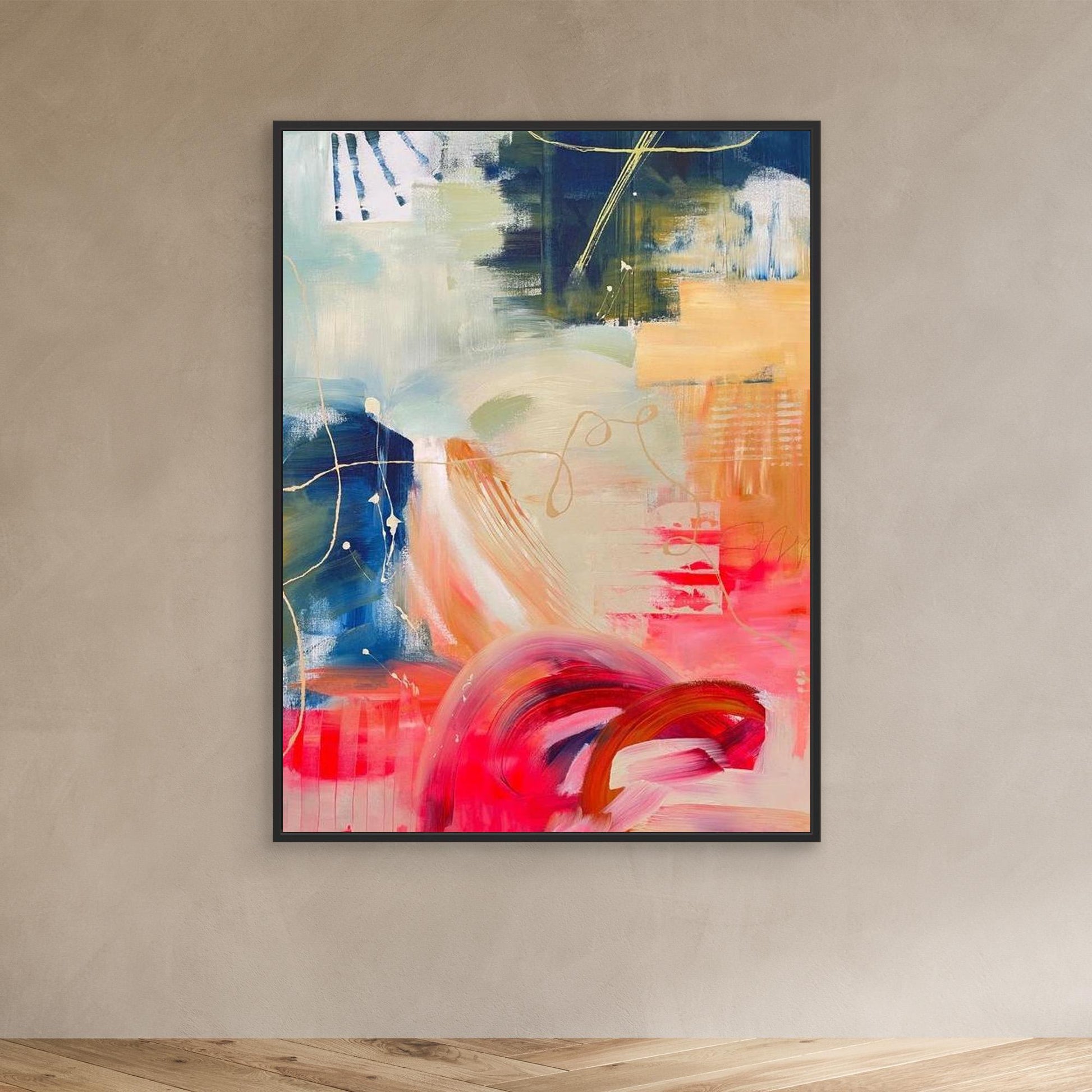 'Red Moon Rising'  abstract framed canvas print in living room