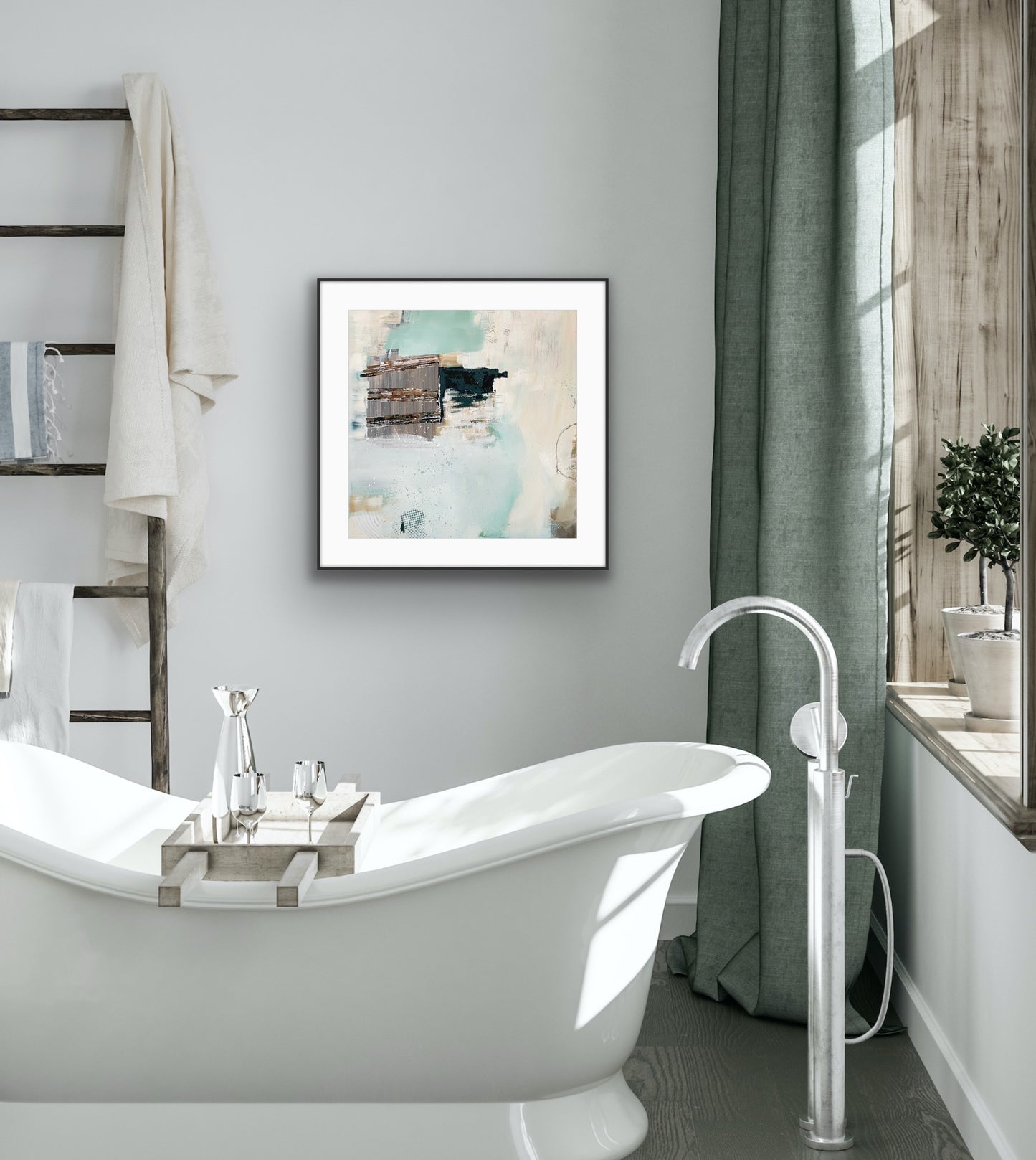 Modern bathroom with freestanding bathtub, abstract art print "Seafoam's Echo" on the wall, and natural light.