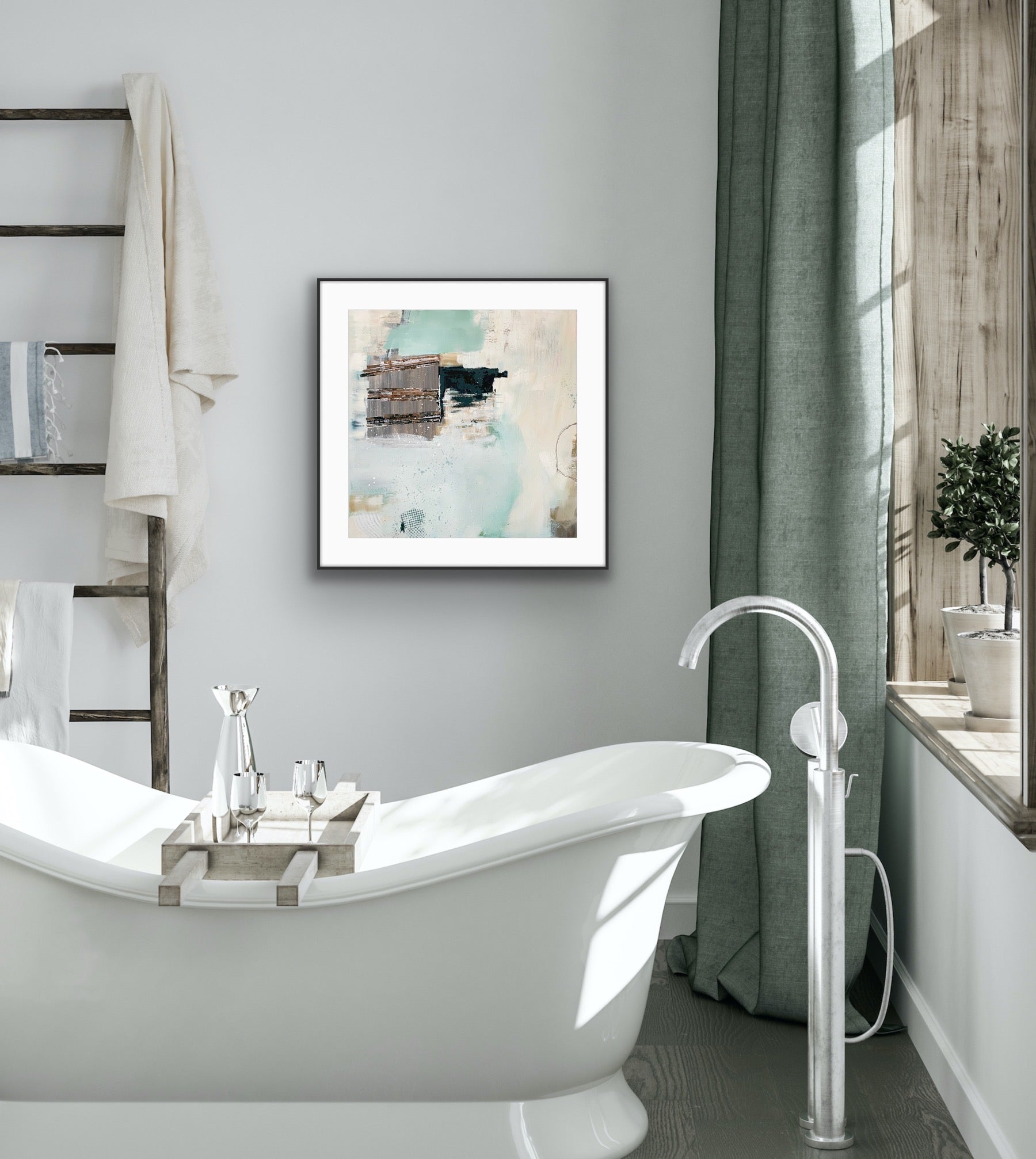 Modern bathroom with freestanding bathtub, abstract art print "Seafoam's Echo" on the wall, and natural light.