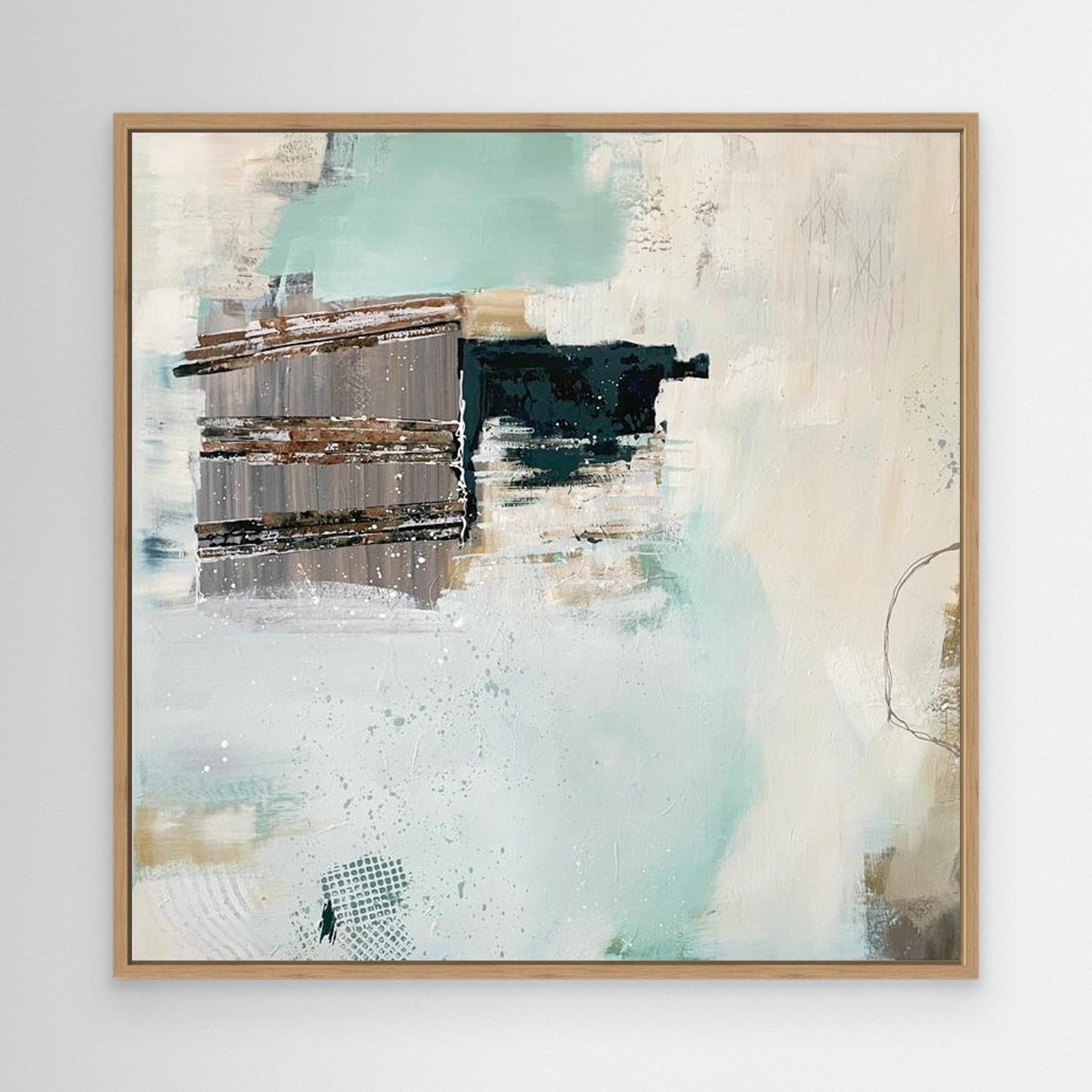 Abstract canvas art print 'Seafoam's Echo' from Alison Gilbert, with a wooden frame on a white wall