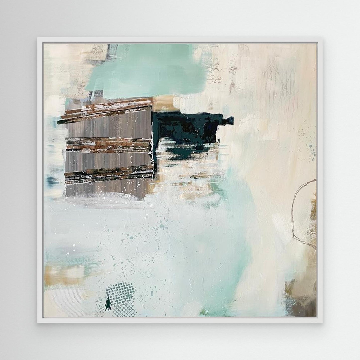 Abstract art print 'Seafoam's Echo' from Alison Gilbert with aqua, grey and cream on a white background